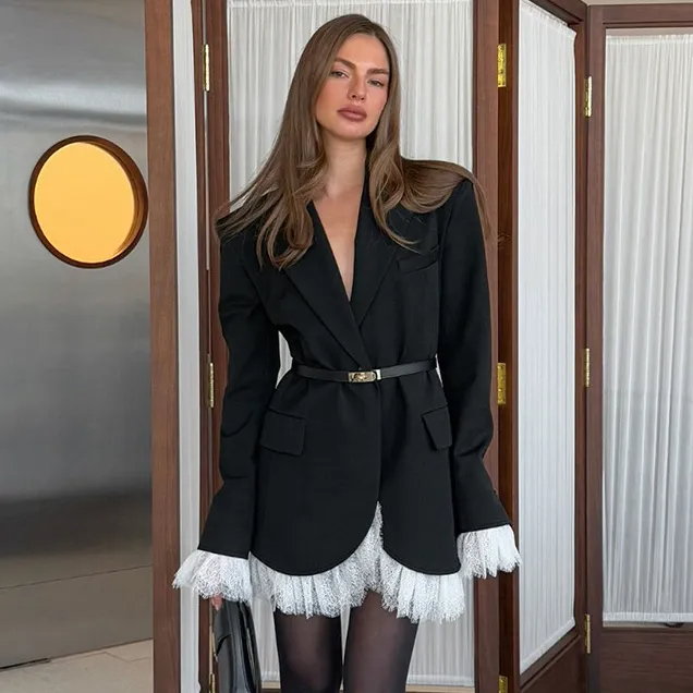 Black Blazer Lace Trim Dress Full - Liora Studio