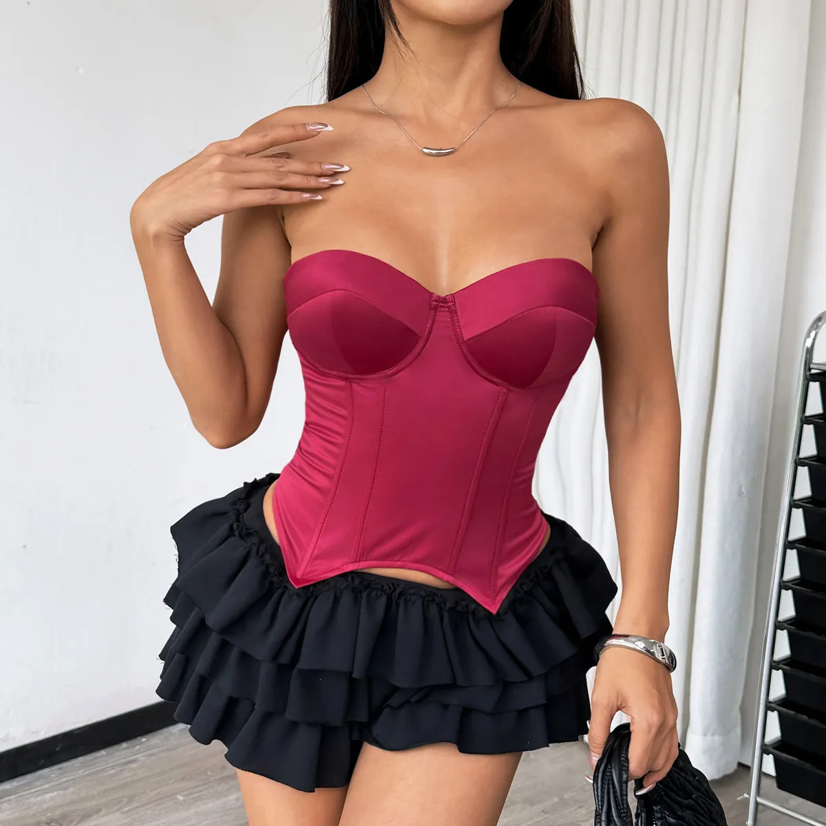 Satin Corset Tube Top Red - Liora Studio