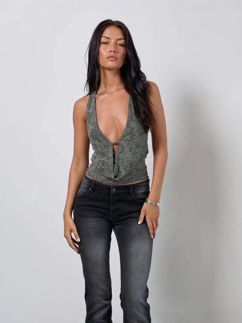 Lace Halter Crop Top Olive - Front