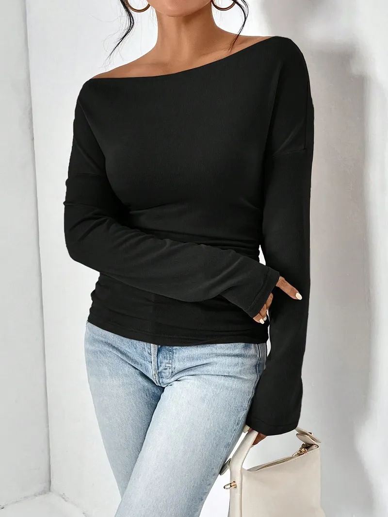 Off Shoulder Ruched Long Sleeve Top Black - Liora Studio