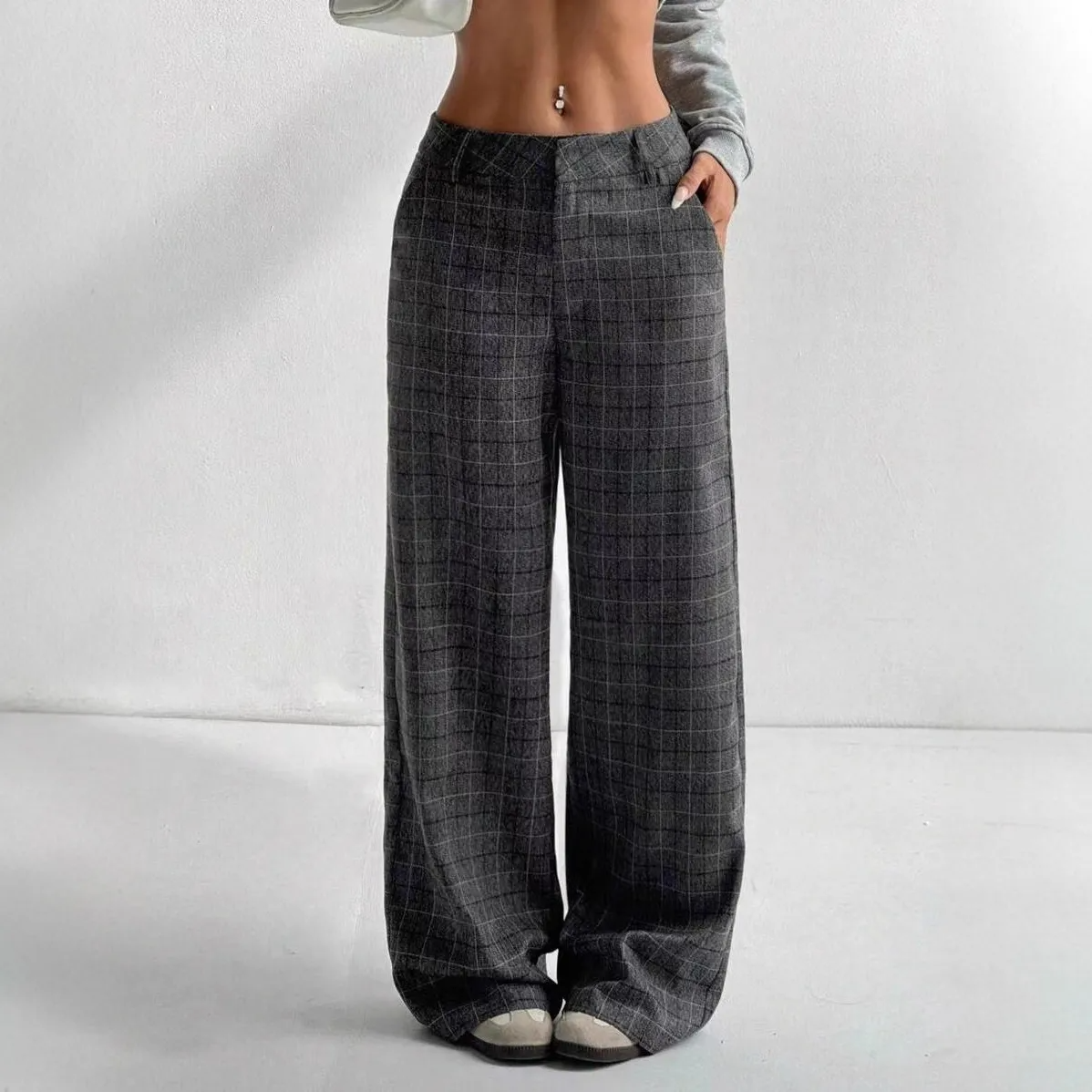 Gray Plaid Wide Leg Trousers Front - Liora Studio