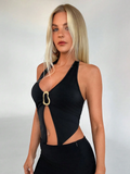 Gold Ring Halter Crop Top Black Side - Liora Studio
