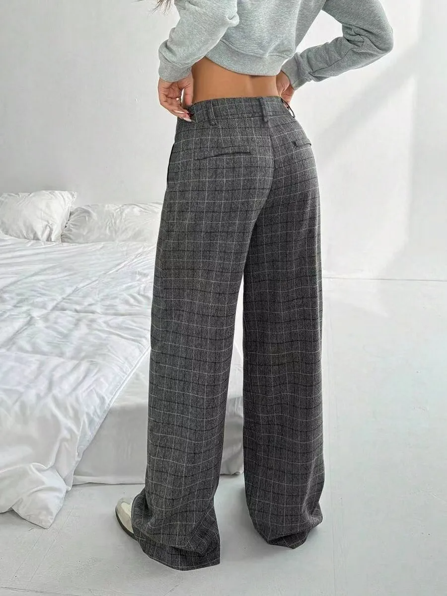Gray Plaid Wide Leg Trousers Back - Liora Studio