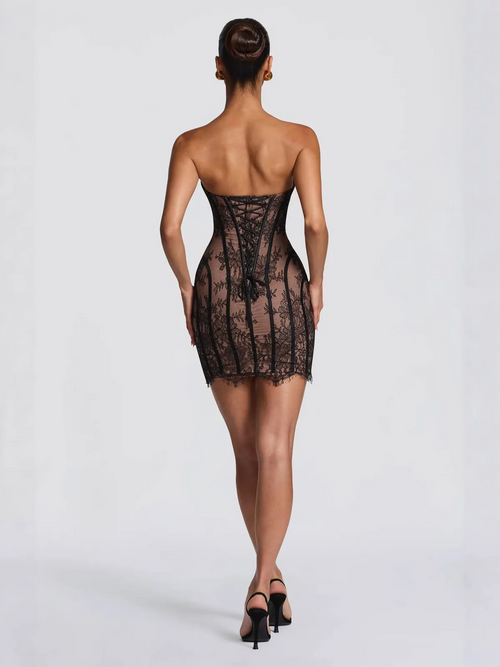 Black Lace Strapless Corset Mini Dress Back - Liora Studio